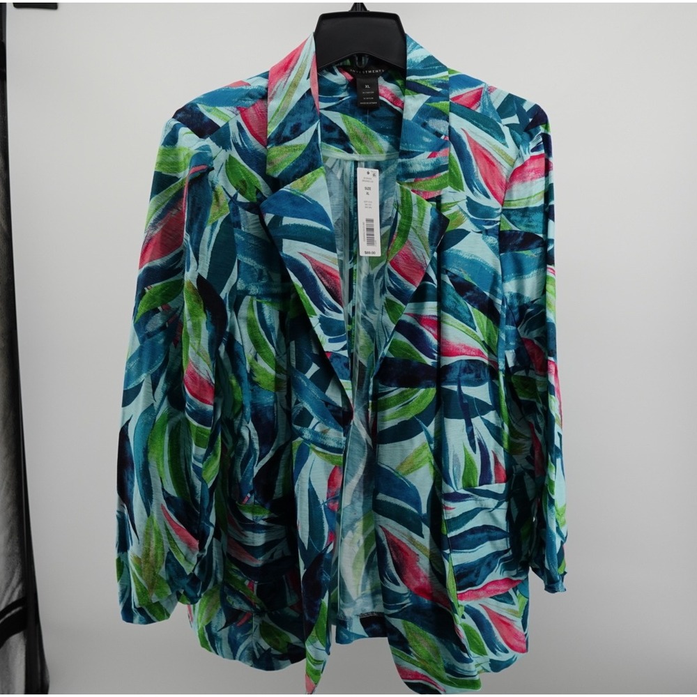 Investments Tropical Leaf Print Open Front Blazer XL Teal‎ Green Pink
